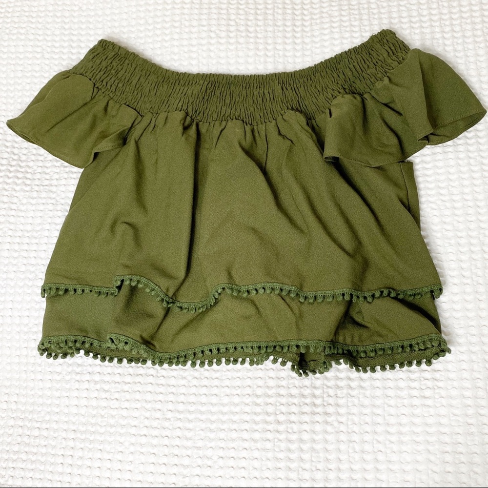 Honey Punch Olive Off-Shoulder Ruffle Crop Top, M